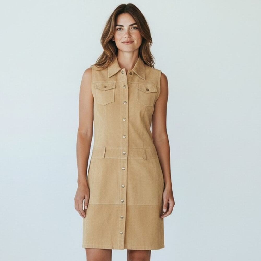 Vintage Chesley Leather Dress Women's Size Large Tan Lined Full Snap Brunchwear